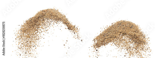 Big size Sand flying explosion, Golden grain wave explode. Abstract cloud fly. Yellow colored sand splash throwing in Air. White background Isolated high speed shutter, throwing freeze stop motion