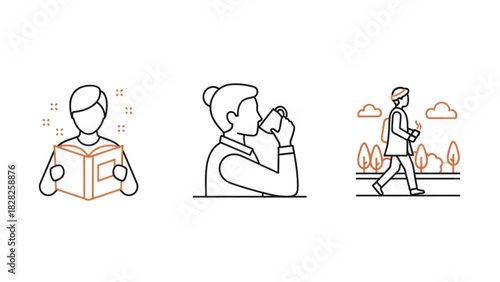 People enjoying leisure activities reading book drinking coffee and walking in nature vector illustration