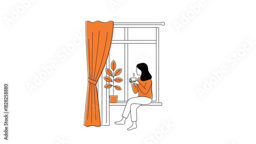 Woman drinking coffee by window with curtains and plant illustration vector graphic design asset