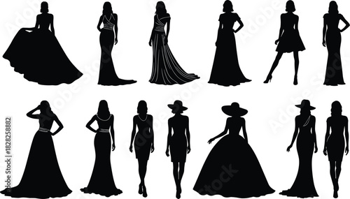 Fashion silhouettes, elegant women, dress styles, evening gowns, cocktail outfits, runway poses, stylish apparel, feminine design, fashion illustration, boutique inspiration