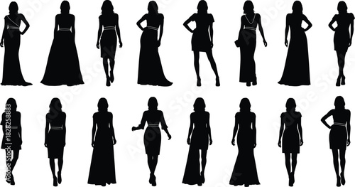 Fashion silhouettes, female figures, dress styles, gown variations, waistline focus, elegant poses, black outline, design inspiration, apparel diversity, runway concept