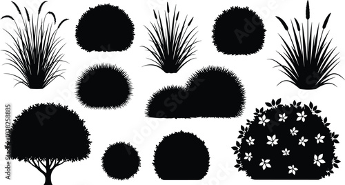 Black Silhouette Plants and Shrubs Vector Set, Garden and Landscape Elements Collection: Grass, Ornamental Bush, Flowering Shrub, Tree Clipart Icons