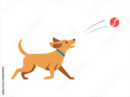 A happy dog playing fetch with a red ball in a park, catching it mid-air