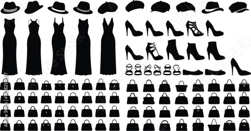 Fashion silhouettes, hats, dresses, shoes, handbags, accessories, style icons, wardrobe planning, retail design, boutique branding, trend catalog, vector art