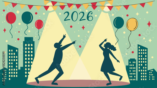Silhouetted couple dancing under spotlights with balloons and city skyline celebrating year 2026