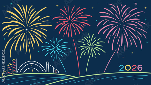Fireworks display over a city skyline with the year two thousand twenty six displayed at the bottom