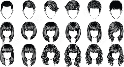 Hairstyle collection, diverse hair designs, male and female styles, curly, straight, wavy, bangs, fashion reference, character design, beauty illustration