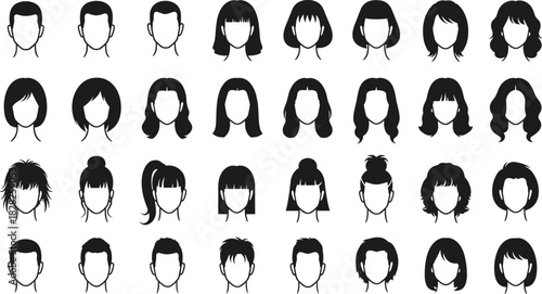 Hairstyle collection, haircut icons, diverse haircuts, trendy styles, male and female hair, vector heads, fashion design, beauty reference