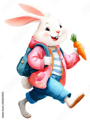 Cute cartoon bunny rabbit with backpack and carrot isolated on transparent background