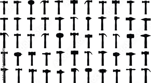 Hammer silhouettes, black tools, carpentry icons, construction equipment, metalworking symbols, DIY gear, industrial shapes, tradesman tools, vector illustration, toolkit variety