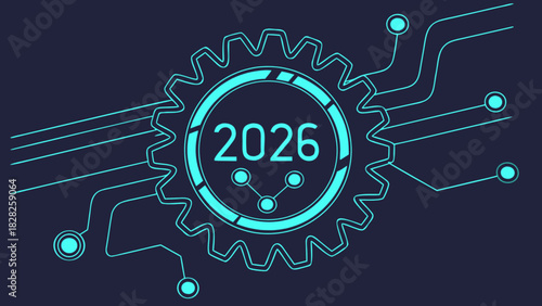 Illustration of a gear with the year 2026 inside and circuit lines on a dark blue background design