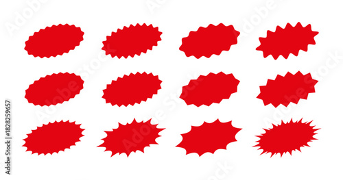 Red Oval Starburst Badges Vector Set. Empty Price Tag Label Shapes Collection. Wavy and Spiky Oval Sticker Templates