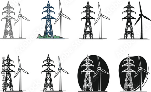 Electric power transmission towers with modern wind turbines generating clean renewable energy, detailed industrial illustration for sustainability, engineering, environment