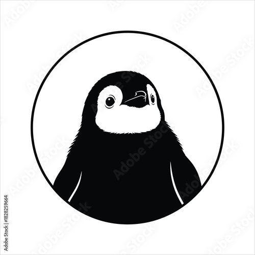 Charming Penguin Chick Portrait in a Simple Circle Outline