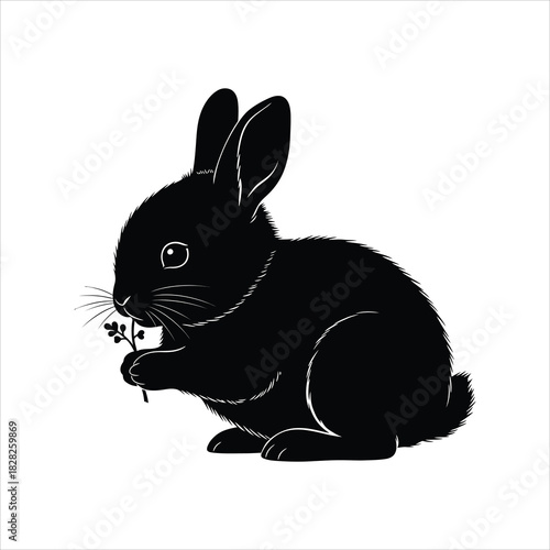 Charming black rabbit silhouette enjoying a fresh clover snack on a pristine white background, perfect for minimalist designs and elegant graphic concepts