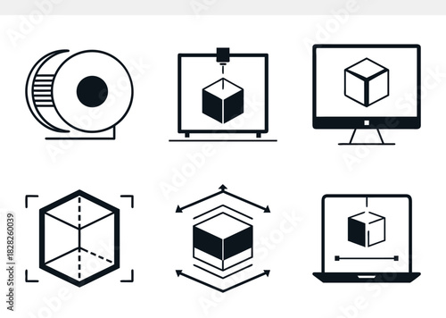 3d printing and modeling icons isolated on, representing additive manufacturing, design software, and virtual prototyping in a modern style