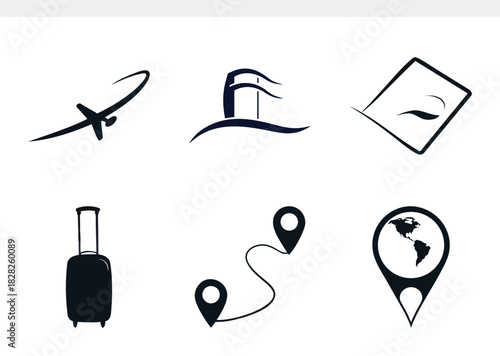 Travel and tourism icon set isolated on contains such icons as airplane, suitcase, location pin, world map, and more vector illustration for travel agency