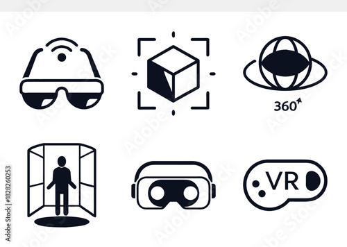 Illustration of virtual reality icons isolated on includes vr headset, cube, 360 view, vr simulator, vr glasses, and vr controller icons in black and white