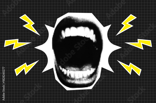 Trendy punk halftone collage poster with screaming mouth