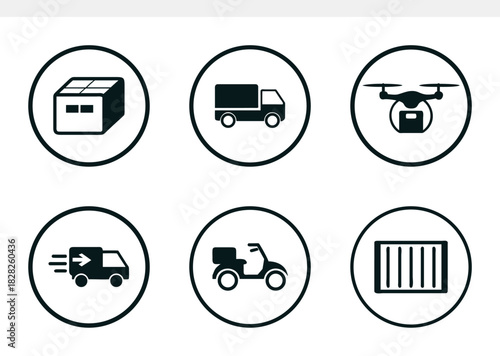Delivery and shipping methods icons isolated on set of logistics and transportation symbols box, truck, drone, van, scooter, container vector signs
