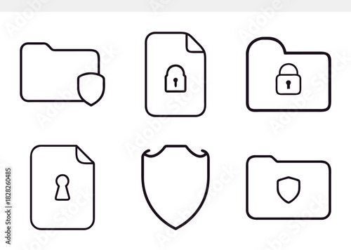 Icon set of data protection and security icons isolated on contains icons as folder, file, shield, lock, and privacy protection