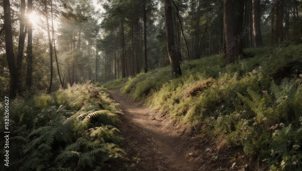 Fototapeta premium Sunlit Path Through a Lush Green Forest.