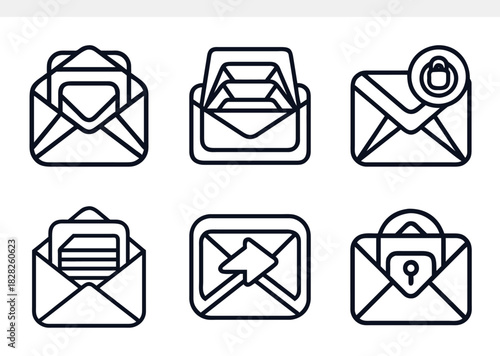 Set of six different email icons in thin line style isolated on includes open, secure, send, receive, locked and unlocked email symbols