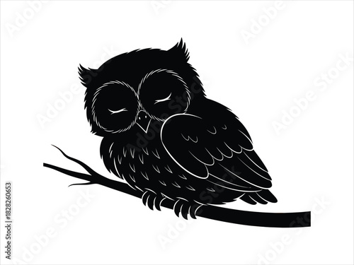 Black silhouette of an owl sleeping peacefully on a branch in the dark