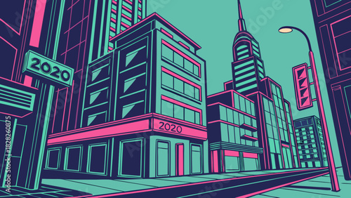 Cityscape illustration with tall buildings and street lights in a retro neon color palette style
