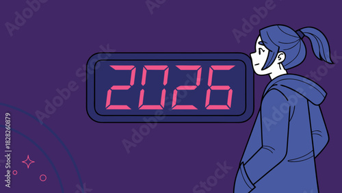 Girl in hoodie looks at digital display showing the year two thousand and twenty six in pink digits