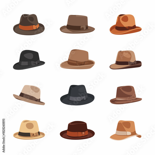 Collection of various fedora hats in different styles and colors.