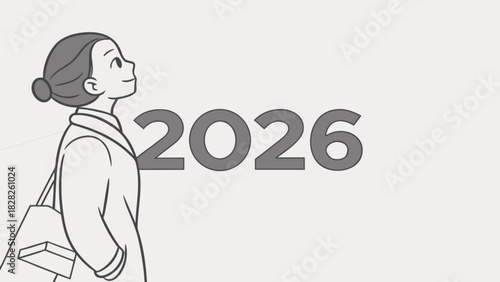 Illustration of a woman looking up at the year two thousand twenty six in simple grayscale style