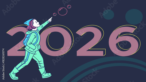 Illustration featuring a person pointing at bubbles next to the year two thousand and twenty six