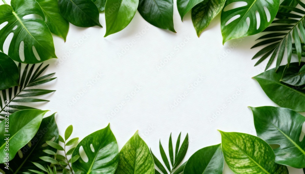 Fototapeta premium Lush green leaves frame on white background for nature theme designs