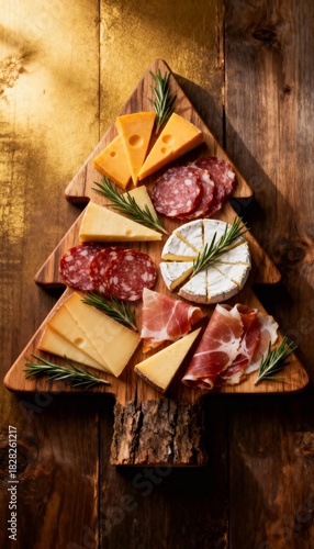 Holiday cheese and meat platter shaped like a christmas tree