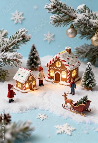 Whimsical gingerbread village scene with miniature figures and snowy background