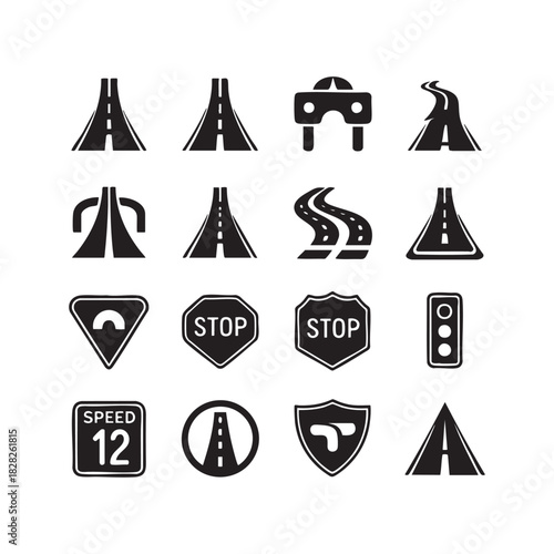 Traffic and Road Sign Icons Set - Black Glyph Vector