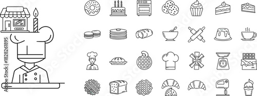 Baking and pastry icon set with chef, desserts, tools, cakes, croissants, cupcakes, bread, kitchenware, line art vector illustration.