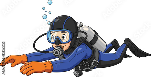 Cartoon scuba diver underwater in blue wetsuit with oxygen tank and mask, vector character for marine, sport, and exploration themes.