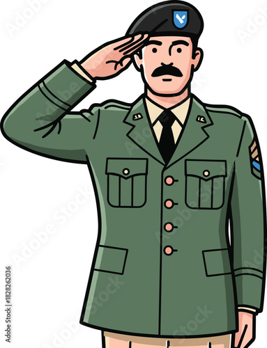 WebCartoon military officer saluting in green uniform with beret and mustache, vector character for army, respect, patriotism, and education.