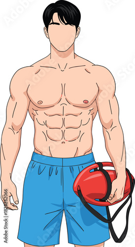 Muscular shirtless man holding red helmet, fitness bodybuilder vector character for sports, safety, gym, workout, and promotional content.