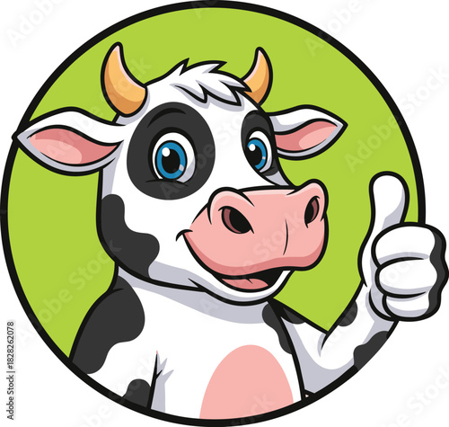 Smiling cartoon cow giving thumbs up inside green circle, friendly farm animal mascot for dairy, agriculture, food, and educational content.