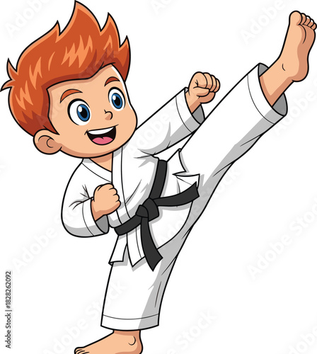 Cartoon martial artist character with spiky orange hair performing high kick in white gi and black belt vector illustration