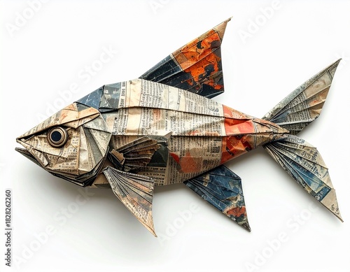 Fish Shape Folded from Old Newspaper, a representation of origami, recycling, and environmental themes.