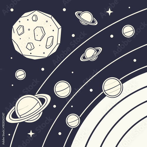 A stylized illustration of planets and an asteroid in deep space with orbiting rings and distant stars creating a cosmic celestial scene