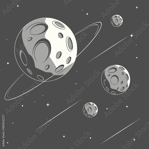 A captivating monochrome illustration of a ringed planet accompanied by three cratered moons and streaking meteoroids against a dark starry expanse