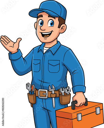 Cartoon handyman character in blue uniform holding toolbox with tool belt, friendly expression, repair service vector illustration for stock