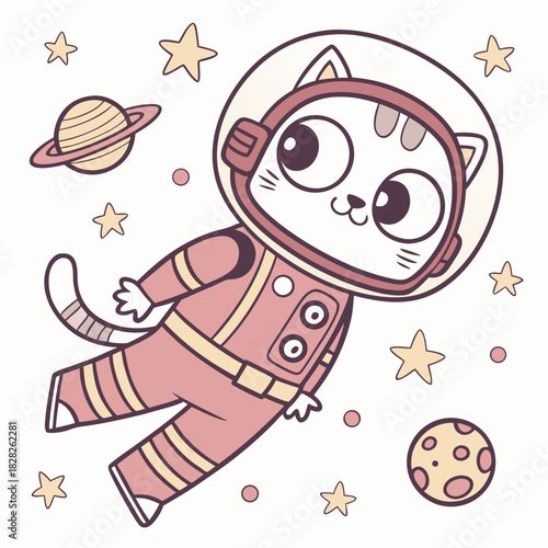 Adorable cartoon cat astronaut floating in outer space surrounded by stars planets and moons wearing a pink spacesuit and helmet with a happy expression