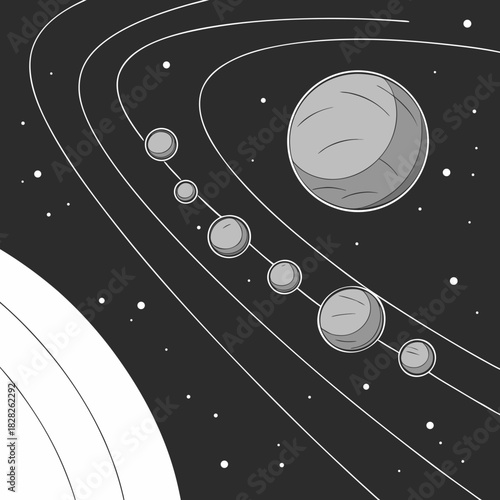 Stylized illustration of a solar system with planets orbiting a large celestial body against a starry dark background