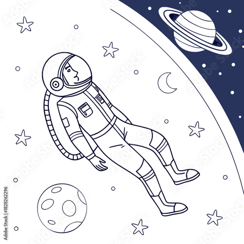 Whimsical astronaut floating in outer space surrounded by stars planets and a crescent moon rendered in a charming outline style for creative projects